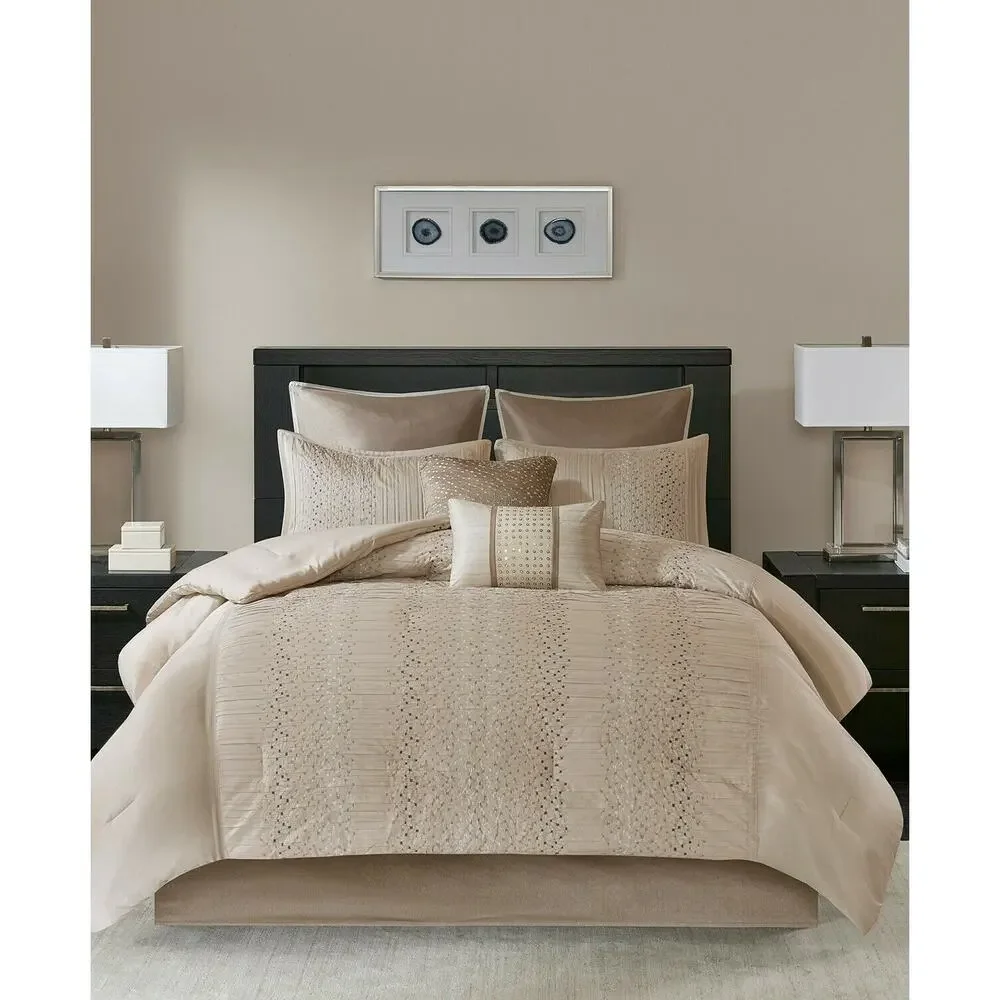 Madison Park Camelia 8 Pieces King Comforter Set Faux Silk Neutral Brown NEW